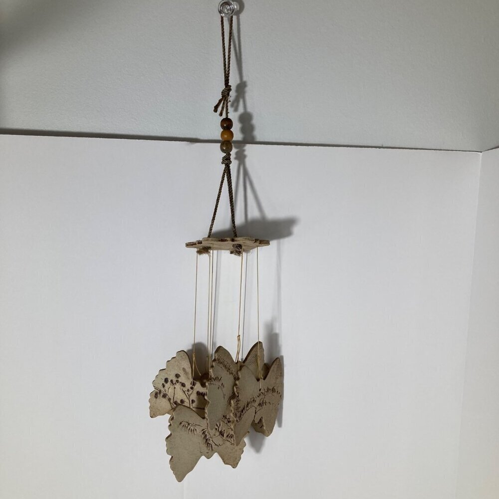 Vintage Art Pottery Butterfly Wind Chimes Leaf Imprint Beads 16"